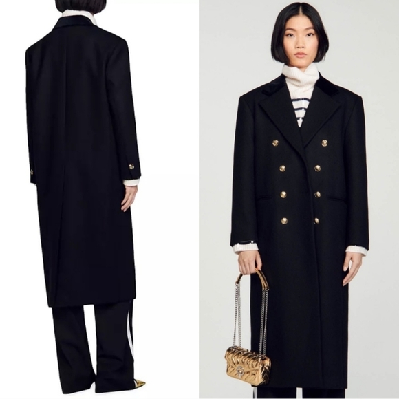 New Sandro "OFFY" Double Breasted Black Long Coat 4 US/36 FR NWT - Picture 5 of 13